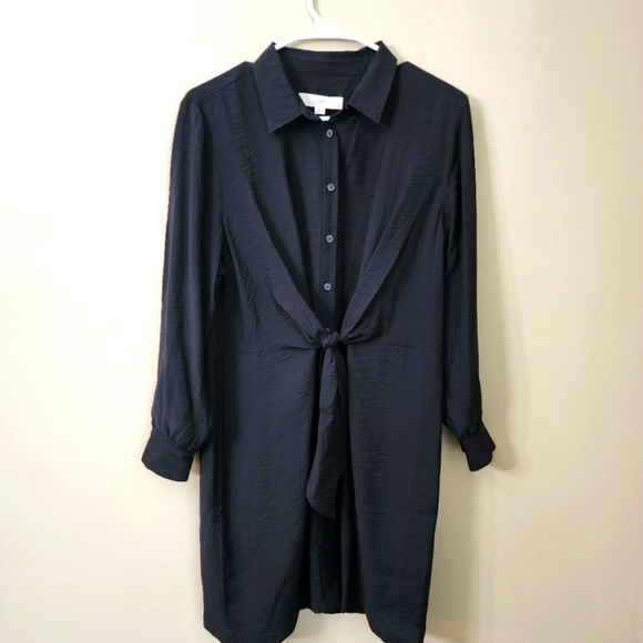 LOFT Dresses & Skirts - Loft Black Half Button-Up Dress Knot Tie Waist Longsleeves Size 12P